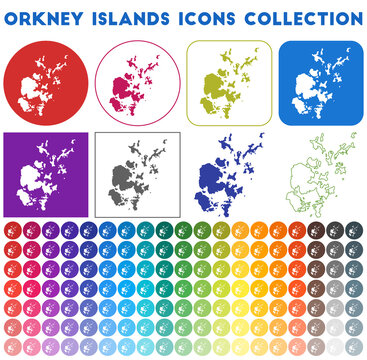 Orkney Islands icons collection. Bright colourful trendy map icons. Modern Orkney Islands badge with island map. Vector illustration.