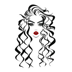 Beauty Logo. Beautiful sexy face, red lips, fashion woman, element design, curly hairstyle, hair salon sign, icon. Vector illustration. Hand drawing style.