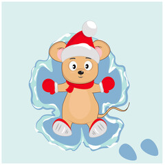 A cute mouse in a santa claus hat on the snow makes a snow angel