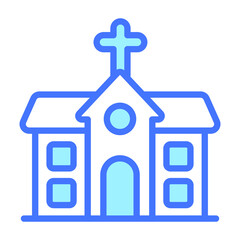 church building vector blue outline icon.