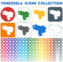 Venezuela icons collection. Bright colourful trendy map icons. Modern Venezuela badge with country map. Vector illustration.