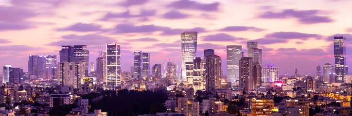 Fototapeta premium Tel Aviv Skyline At Sunset, Tel Aviv Cityscape Large Panorama At Sunset Time, Israel