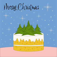 card with a cake Christmas trees snowfall on a blue background and a congratulatory inscription mary Christmas