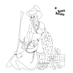 Old woman takes out gifts from a bag. Buena Befana (happy Epiphany). Coloring page.