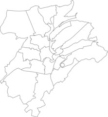 Simple blank white vector map with black borders of urban city quarters of Luxembourg City, Luxembourg