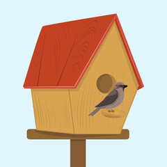 Wooden birdhouse with bird. Vector illustration