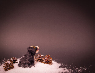 A figure of a dog sitting on the snow, with pine cone, on a dark background. Text space. Holidays, winter, dog paws, concept. Minimal style.