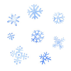 Winter set of watercolor snowflakes, hand drawn and isolated on white background.