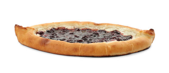 Delicious sweet cottage cheese pastry with cherry jam isolated on white