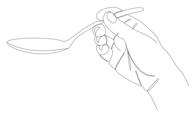 Silhouettes of a man's hand holding a spoon in a modern one line style. Continuous line drawing, aesthetic outline for home decor, posters, wall art, stickers, logo. Vector illustration.