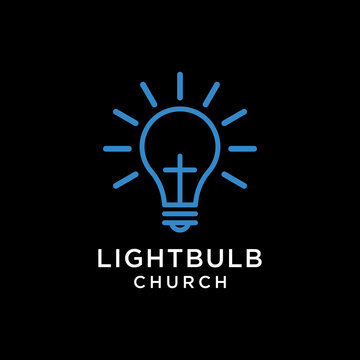 Light Bulb or Lamp with Jesus Christian Cross Logo Design Vector template on a black background.
