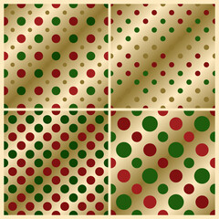 Merry Christmas Wallpaper Set. green and red polka dots Golden background. Abstract circle pattern. Background design for fabric, textile, banner, card, cover, poster, tile, wall. Vector illustration. © speedmanstudio