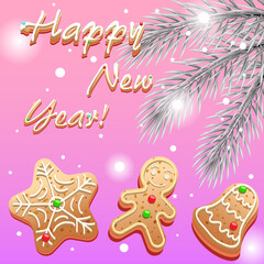 A New Year's card, cookies on a lilac background, silver fir branches and snowflakes.