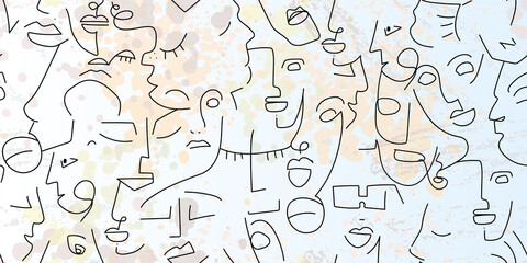 One line drawing. Abstract face seamless pattern.