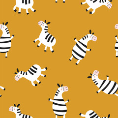 Seamless Pattern. Cute Zebras on Yellow Background. Vector Illustration for Textiles and Packaging