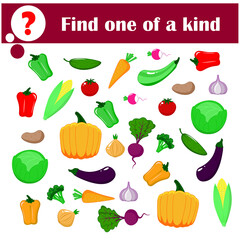 Cartoon illustration of find one of a kind. Educational activity game for children with vegetables