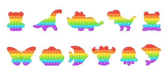 Set of animal and dinosaur forms pop it a trendy rainbow fidget toys. Addictive anti stress toy in bright colors. Bubble sensory fashionable popit for kids. Vector illustration isolated on a white.