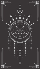 Vector mystic poster with dreamcatcher, pentagram and linear frame. Black background with a magical esoteric outline symbol in a boho style. Occult geometric sign with a star in a circle