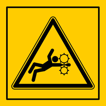 mssn65 MachineSafetySignNew mssn - Maschine / Warnzeichen: Ausreichend Abstand zu drehenden Maschinenteilen halten . Einzugsgefahr . shoulder and arm . falling down . injury concept . safety . g10920