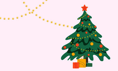 Greeting card with empty space for text, lush green Christmas tree with gold, red balls, bright garland, Christmas gifts under the tree. Christmas tree