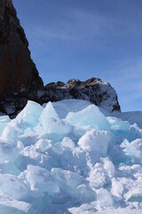 Baikal lake in winter. Ice formations, snow landscape