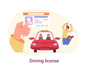 Driving license concept. Young man stands next to red car, rejoices and jumps. Big hand hands character certificate. School for drivers. Guy passed exams. Cartoon modern flat vector illustration