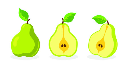 Pear on a white background. Vector illustration of summer fruits and berries. Autumn harvest. Pictograms, silhouettes, icons of pears, fruits. Pear is a fruit. Ripe pear in parts. Pear slices. Line