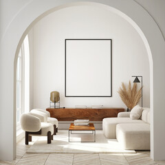 mock up poster frame in modern interior background, living room, Scandinavian style, 3D render, 3D illustration © mtlapcevic