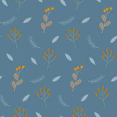 Fototapeta na wymiar Seamless winter pattern. Branches with berries, fir branches and leaves on blue background. Color vector illustration for background, wrapping paper, textiles.