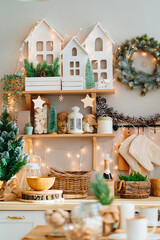 decoration of shelves in kitchen for new year. Christmas decor.
