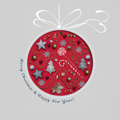 Christmas pattern made of holiday accessories on red background. Preparation for Christmas Eve