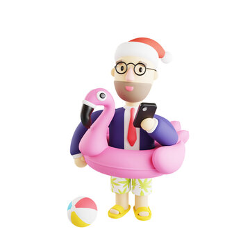 Business man goes on vacation. Cartoon funny Santa office worker in swimming shorts with pink inflatable flamingo. Online travel app concept. 3D render illustration
