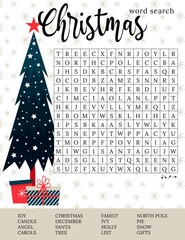 Christmas word search puzzle.  Winter holiday crossword game. Printable activity worksheet for learning English. Vector illustration of Christmas tree and gifts