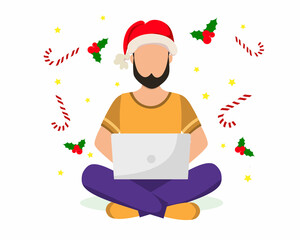 The guy is sitting at his laptop in a Christmas hat. Work on holidays. Online work in the New Year. Vector illustration