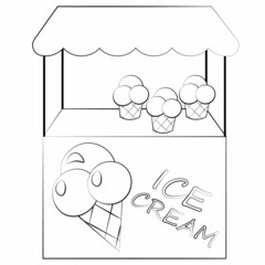 Stall counter with ice cream. Draw illustration in black and white
