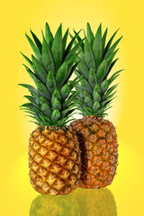 Fototapeta premium pineapple lies on a bright background. Fresh juicy tropical yellow fruit