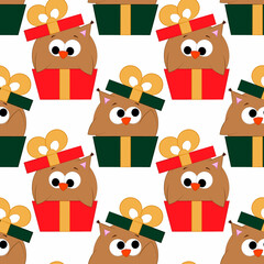 Seamless vector pattern with cute cartoon owl in gift box