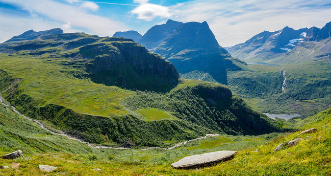 Mountain peak of Innerdalstarnet and Innerdalen Valley, Norway
