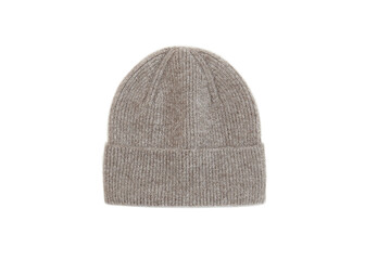 Brown knitted winter hat isolated on white background. Warm Woolen hat. Close shot of cold weather winter handmade knitting clothes.