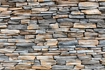 Wall clad in modern gray and brown stone of different sizes.