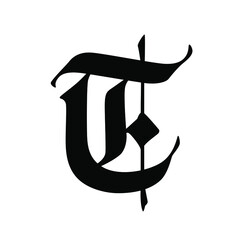 Letter t in the Gothic style. Vector. Alphabet. The symbol is isolated on a white background. Calligraphy and lettering. Medieval Latin letter. Logo for the company. Monogram. Elegant font for a tatto