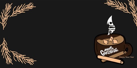 Vector. Merry Christmas and Happy New Year greeting card. Horizontal winter background with drawn cartoon mug of hot cocoa with marshmallows, winter fir branches, cinnamon sticks. Copy space for text.