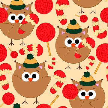 Seamless vector pattern with cute cartoon owl and candy