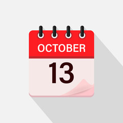 October 13, Calendar icon with shadow. Day, month. Flat vector illustration.
