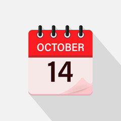 October 14, Calendar icon with shadow. Day, month. Flat vector illustration.