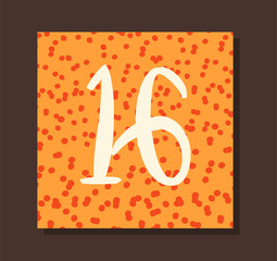Cover for Advent calendar. Modern orange poster with snowfall and number sixteen. Design element for gifts for New Year or Christmas. Cartoon flat vector illustration isolated on brown background