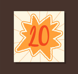 Obraz premium Cover for Advent calendar. Colorful greeting poster with flash and number twenty. Design element for gifts for New Year or Christmas. Cartoon flat vector illustration isolated on brown background
