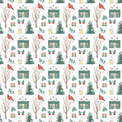 Christmas Watercolor seamless pattern, holiday digital paper with bird. Winter background, hand painted backdrop. Scrapbooking, wallpaper, gifts wrapping paper, printable, textile and fabric design