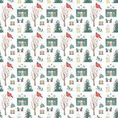 Christmas Watercolor seamless pattern, holiday digital paper with bird. Winter background, hand painted backdrop. Scrapbooking, wallpaper, gifts wrapping paper, printable, textile and fabric design