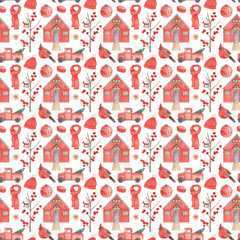 Christmas Watercolor seamless pattern, holiday digital paper with house. Winter background, hand painted backdrop. Scrapbooking, wallpaper, gifts wrapping paper, printable, textile and fabric design